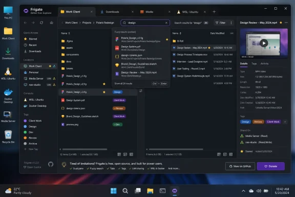 Desktop screenshot of the Frigate file manager with a design project and MP4 video details.
