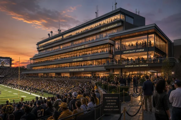 Packed stadium at sunset with illuminated multi-level press and hospitality suites lining the field.