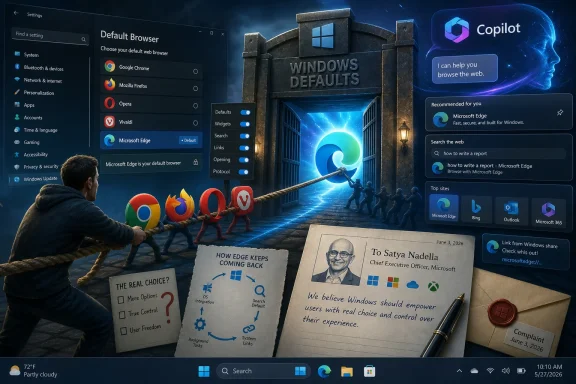 Windows “Default Browser” settings screen with a futuristic “Windows Defaults” scene and Copilot sidebar.