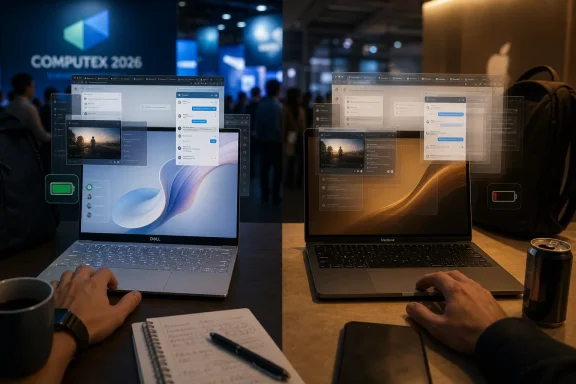 Two people work at laptops in a conference setting with overlapping cloud app interfaces, COMPTEX 2026 signage.