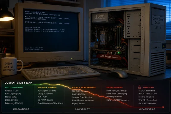 Retro PC setup with an open desktop case showing components and a compatibility map overlay.