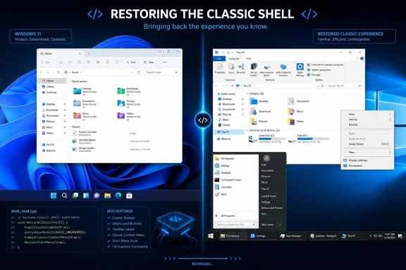 Split-screen image showing a Windows 11 “restoring the classic shell” UI mockup with code and file explorer menus.