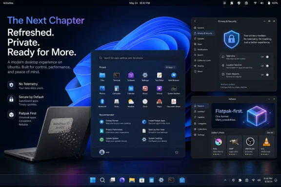 Ubuntu desktop promotional image showing app grid, privacy/security settings, and Flatpak-first/secure features on Windows-style UI.