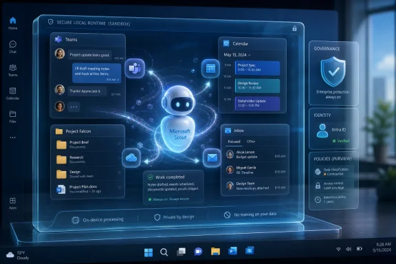 Futuristic Microsoft Teams sandbox dashboard with secure governance, identity verification, and calendar events.