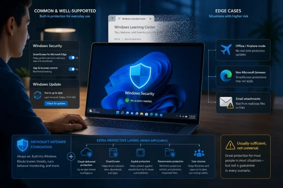 Person using a laptop showing Windows Security protection features and risk scenarios.