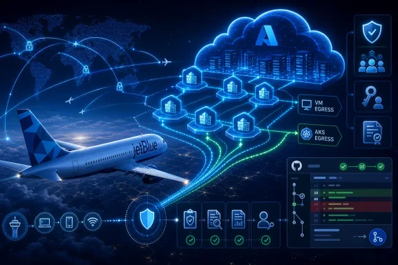 JetBlue aircraft flying over a glowing cloud network diagram with AI, security icons, and server links.