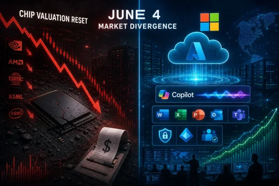 Split finance-tech graphic with falling chip chart left and cloud/AI Copilot market update dated June 4 right.