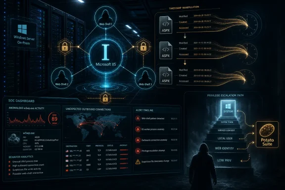 Cybersecurity graphic showing IIS web-shell alerts, suspicious file timestamps, and a privilege-escalation attack path.