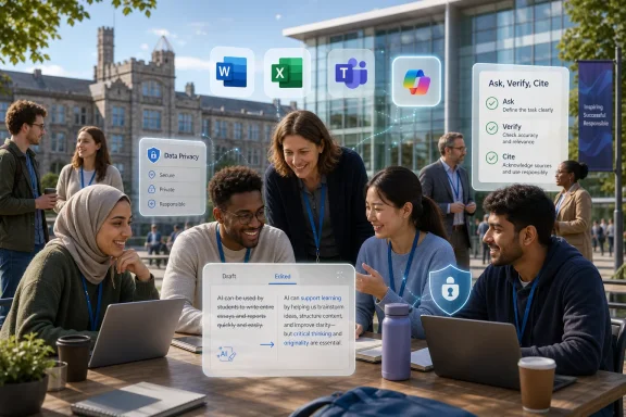 Outdoor office meeting with students and AI productivity icons like Word, Excel, and writing-assist prompts.