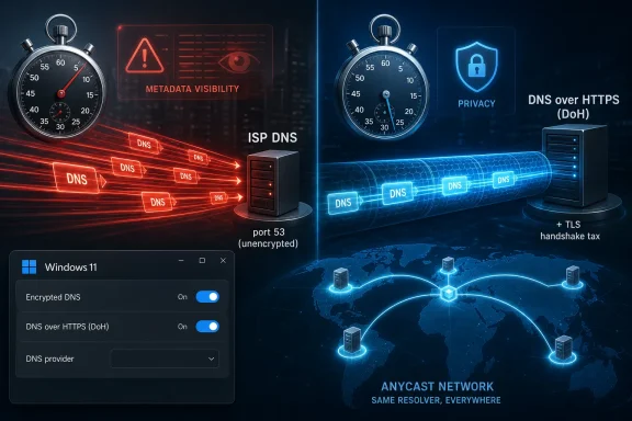 Split clock illustration comparing unencrypted ISP DNS vs encrypted privacy-focused DNS over HTTPS (DoH) with TLS.