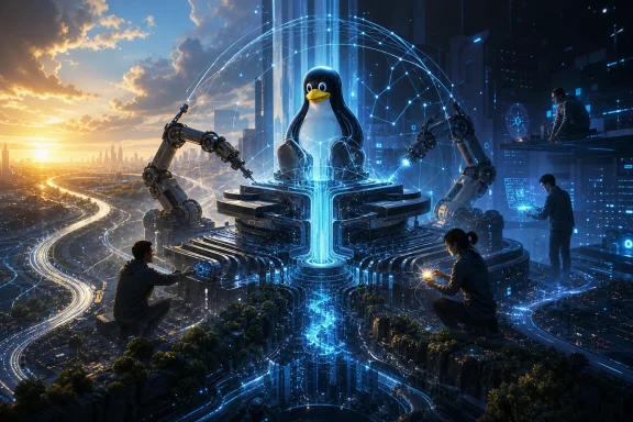 Technicians surround a glowing network core with a penguin AI avatar in a futuristic data center.