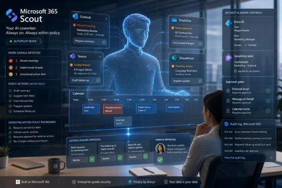 Microsoft 365 Scout dashboard with AI co-worker alerts and approval controls over a blue holographic figure.