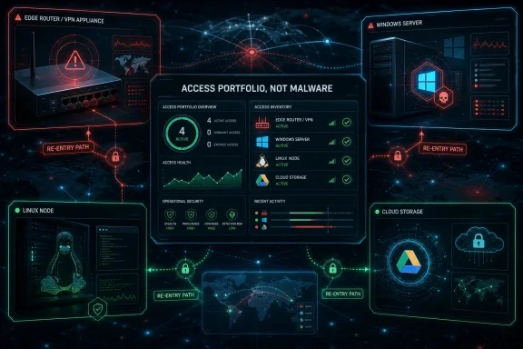 Futuristic cybersecurity dashboard showing access portfolio, active nodes, and re-entry paths across servers and cloud.
