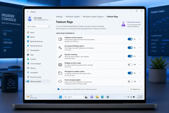 Laptop screen shows Windows Settings “Feature flags” with experimental toggles on the Insider program.