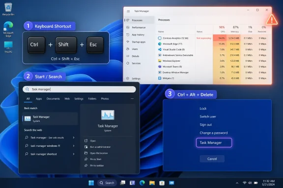 Windows 11 tutorial showing Task Manager via shortcuts Ctrl+Shift+Esc, Ctrl+Alt+Delete, and Start search.