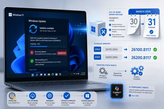 Windows 11 update screen shows an OOB repair package fixing an error, with March 2026 patch info and system health updates.