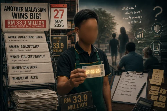 Lottery prize board and a man holding a ticket, with financial-planning icons suggesting “protect, invest, plan.”