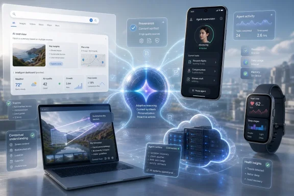 Futuristic AI assistant interfaces and smartwatch health data shown over a laptop and phone.