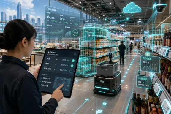 A woman scans an AI tablet showing inventory analytics in a smart supermarket with cloud and data overlays.