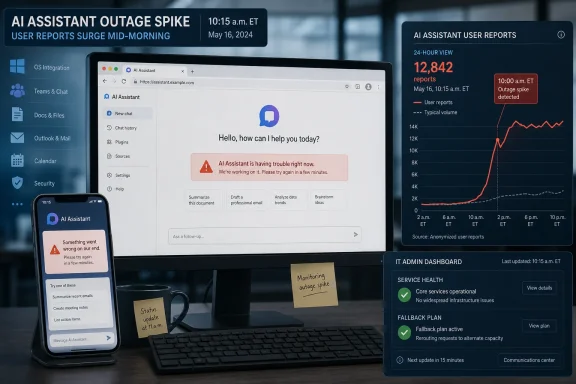 Dashboard shows an AI assistant outage spike as user reports surge mid-morning on May 16, 2024.