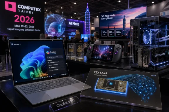 Tech expo booth at COMPUTEX 2026 Taipei with laptops, an RTX Spark AI chip, and a gaming monitor display.