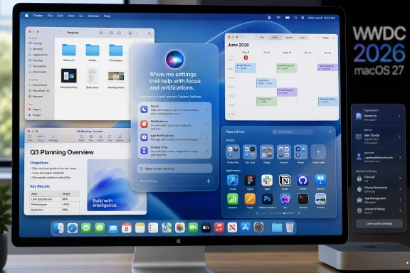 Mac desktop screen showing macOS settings, calendar, and apps with “WWDC 2026” signage in the background.