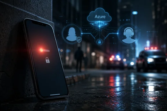 Smartphone shows a lock alert as “Azure” cloud security connects to server icons on a city street.