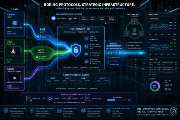 Futuristic network infrastructure diagram showing unified secure file access across SMB, NFS, and storage clustering.
