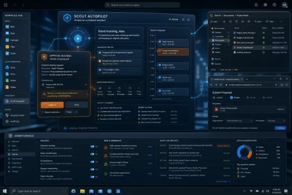 Futuristic dashboard showing Scout Autopilot workspace, approvals, and document submission.
