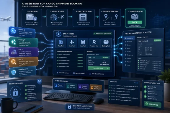Digital dashboard showing AI tools and workflow for cargo shipment booking, tracking, cost calculation, and approvals.