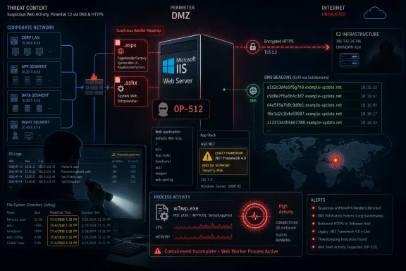 Cybersecurity diagram showing a suspicious IIS web server in the DMZ with DNS exfiltration and alerts.