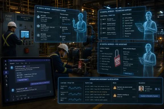 Factory technicians monitoring a digital AI maintenance dashboard showing pump status, checklists, and alerts.