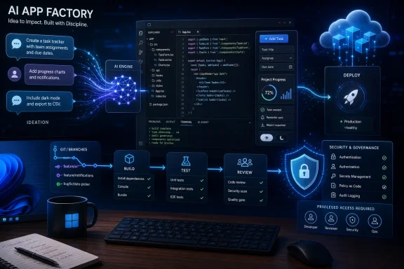 AI app development dashboard shows task tracking, build-test-review pipeline, and secure deploy on a glowing screen.