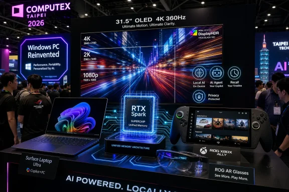 Computex Taipei 2026 booth displays AI-powered laptops and ROG devices with an OLED 4K 360Hz screen.