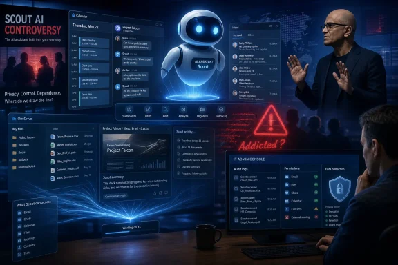 A scientist-like man and AI assistant interface show “Scout AI controversy” with alerts and audit logs on screens.