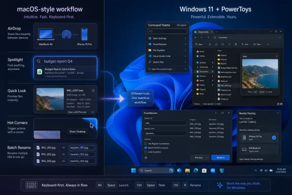 Side-by-side macOS-style workflow and Windows 11 PowerToys tool panels on a blue desktop.