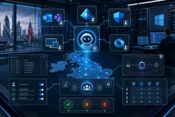 Cybersecurity operations dashboard with AI robot monitoring networks in a data center.