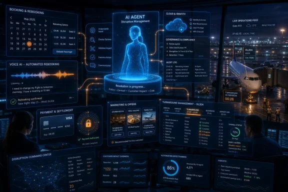 Futuristic airport control screen shows an AI agent automating flight rebooking and turnaround status.
