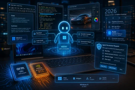 Futuristic Windows on Arm AI interface with a laptop, agent hologram, and project planning dashboards.