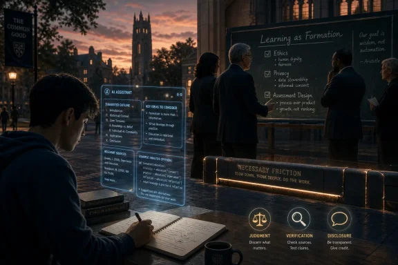 Students discuss education principles on a glowing AI interface beside a “Necessary Friction” bench at sunset.