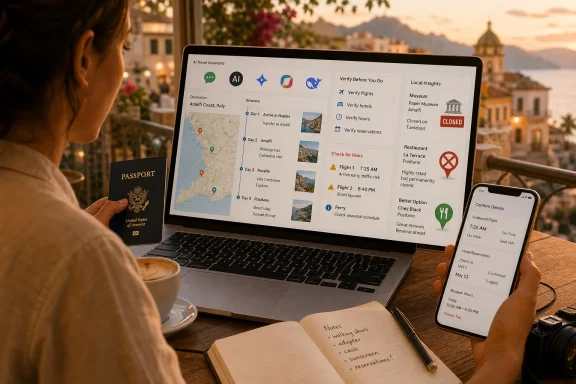 Woman reviews an AI travel itinerary on a laptop, holding a passport while planning a trip.