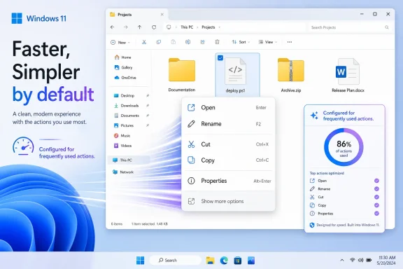 Windows 11 File Explorer shows an optimized context menu with “86% of actions used” and quick links. Windows 11 File Explorer shows an optimized context menu with “86% of actions used” and quick links.