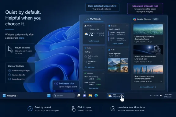 Windows 11 interface shows a quiet widgets setup with selectable boards and Copilot Discover feed.