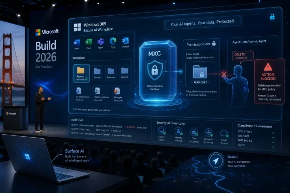 Microsoft Build 2026 stage displays a secure AI workspace with protected data and blocked deletion action. Microsoft Build 2026 stage displays a secure AI workspace with protected data and blocked deletion action.