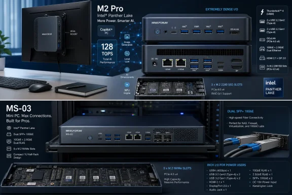 MINISFORUM dual-network mini PC MS-03 with Intel Panther Lake, dense I/O ports and SSD expansion.