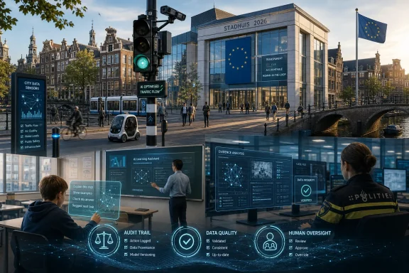 AI-powered city surveillance and transport sensors displayed in a Dutch town square, with officials and interactive screens.