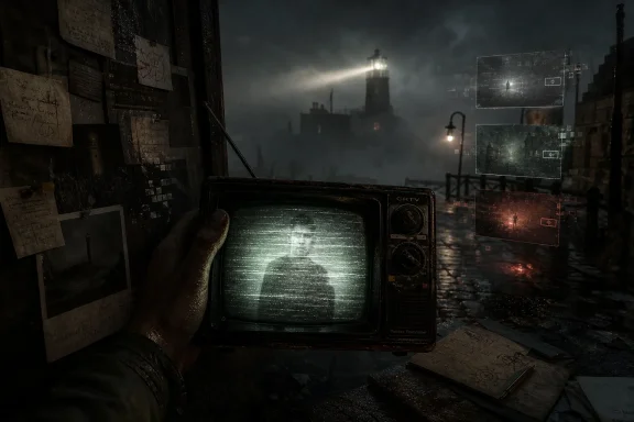 Hand holding a vintage CRT monitor in a grim, foggy city as surveillance overlays flicker.