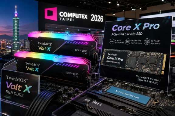TwinMOS Volt X DDR5 and Core X Pro Gen 5 NVMe SSD showcased at COMPUTEX Taipei 2026.