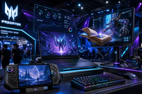 Gaming setup at a tech expo: RGB laptop, monitor UI, controller, and keyboard under neon lights.
