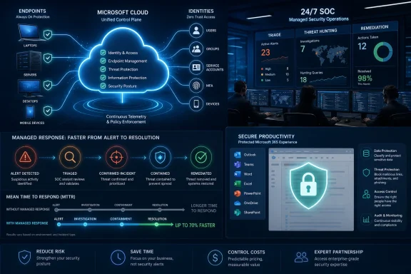 Cybersecurity dashboard showing Microsoft cloud security, 24/7 SOC monitoring, threat triage, and remediation workflows.